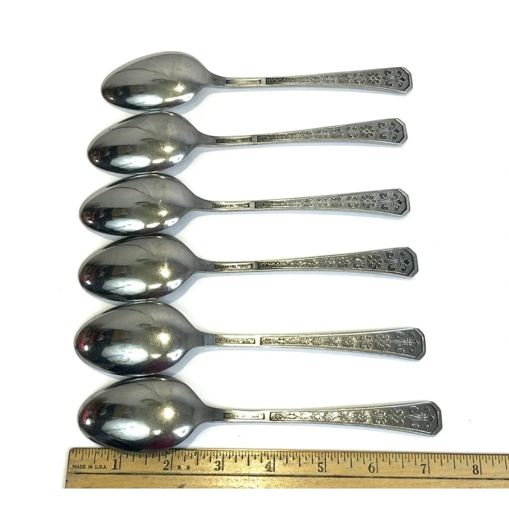 6‎ Florenz Interpur Japan Soup Spoons Stainless 8 Petal Flower 7.25 Inch Vintage